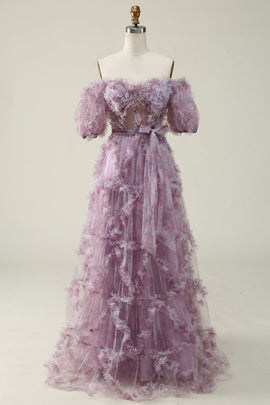 A Line Off the Shoulder Purple Ruffles Vintage Prom Dress