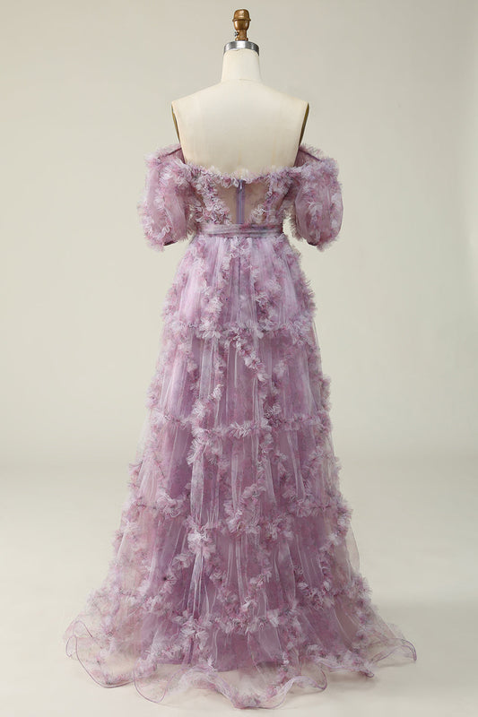 A Line Off the Shoulder Purple Ruffles Vintage Prom Dress