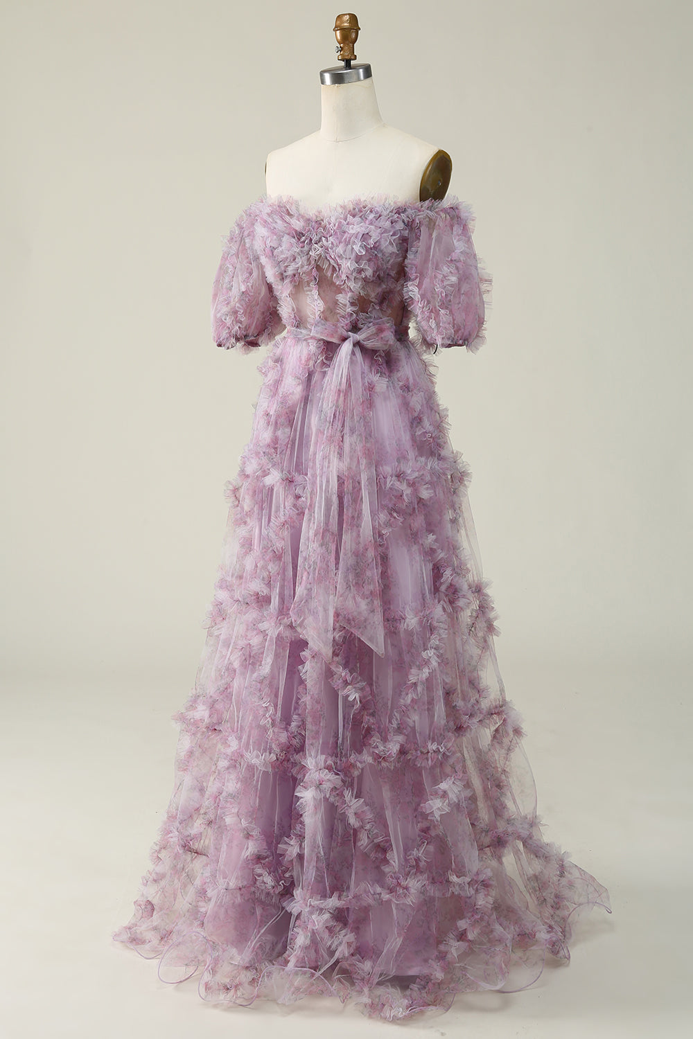 A Line Off the Shoulder Purple Ruffles Vintage Prom Dress