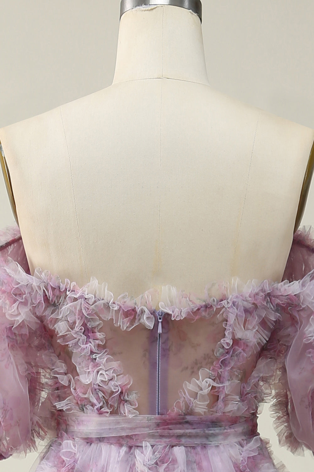A Line Off the Shoulder Purple Ruffles Vintage Prom Dress