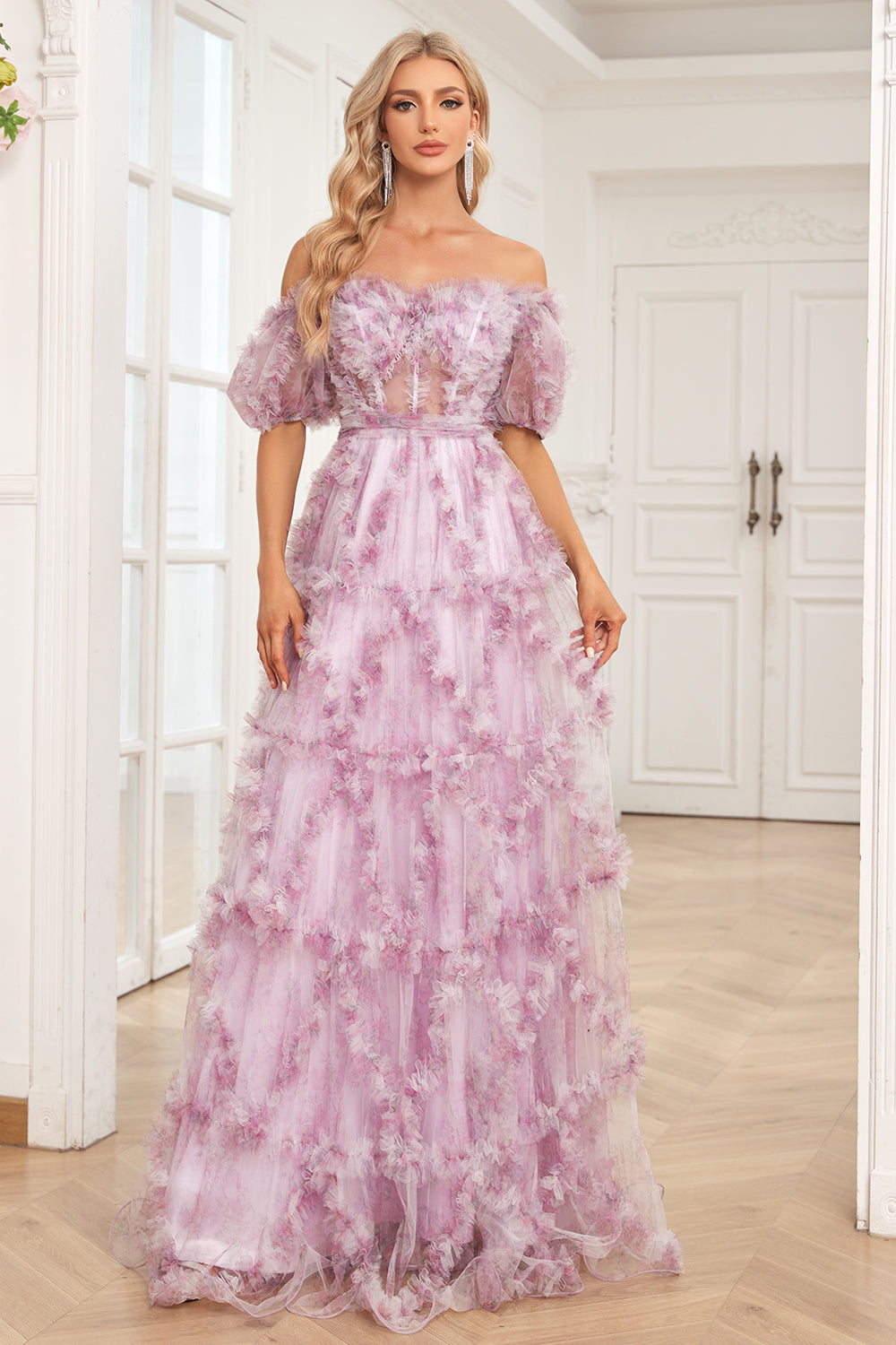 Charming A Line Off the Shoulder Purple Long Prom Dress with Printing