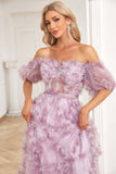 Charming A Line Off the Shoulder Purple Long Prom Dress with Printing