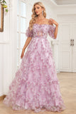 Charming A Line Off the Shoulder Purple Long Prom Dress with Printing